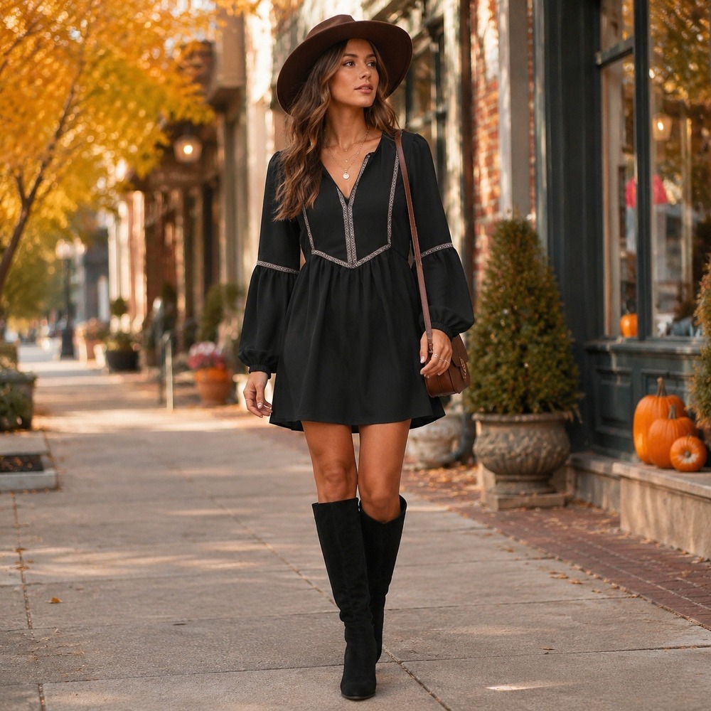 Rusttydustty Black Boho Mini Dress M Bell Sleeve Embroidered Trim Tunic Western